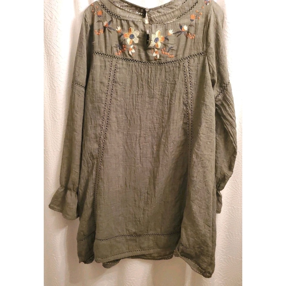 UMGEE Boho Floral Women Sz M Embroidered Waterfall Bell Sleeve Tunic Dress Olive - Picture 7 of 7